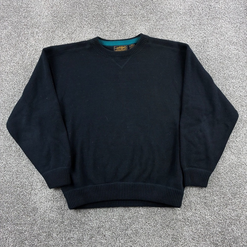 Vintage Eddie Bauer Sweater Mens M Black Cotton Crewneck Knit Fisherman Chunky